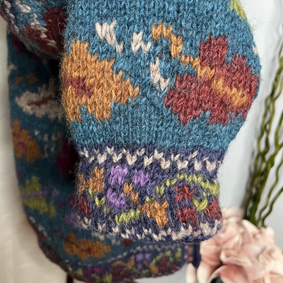 Newari 100%‎ Wool Handknit Cardigan Sweater Jacket Lined Floral Nepal Size Small - Picture 9 of 16